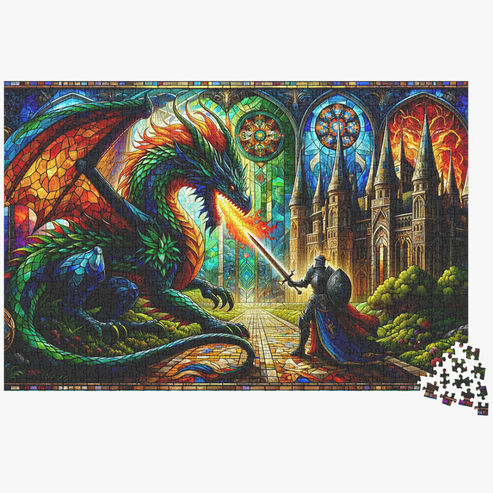 Knight Fighting Dragon Stained Glass Effect - Jigsaw Puzzle 1000 Pieces - Image 2