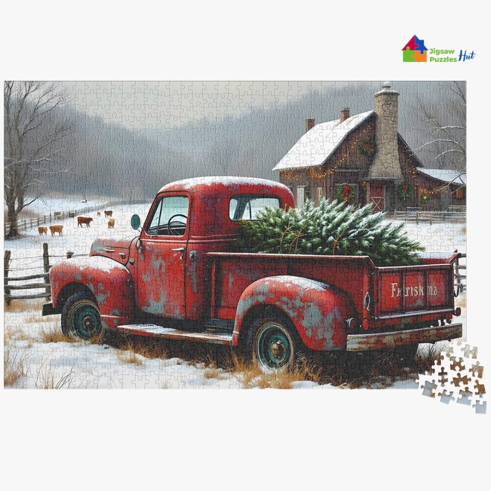 Rustic Farm Truck With Christmas Tree Jigsaw Puzzle - 1000 Piece Christmas Puzzle For Adults