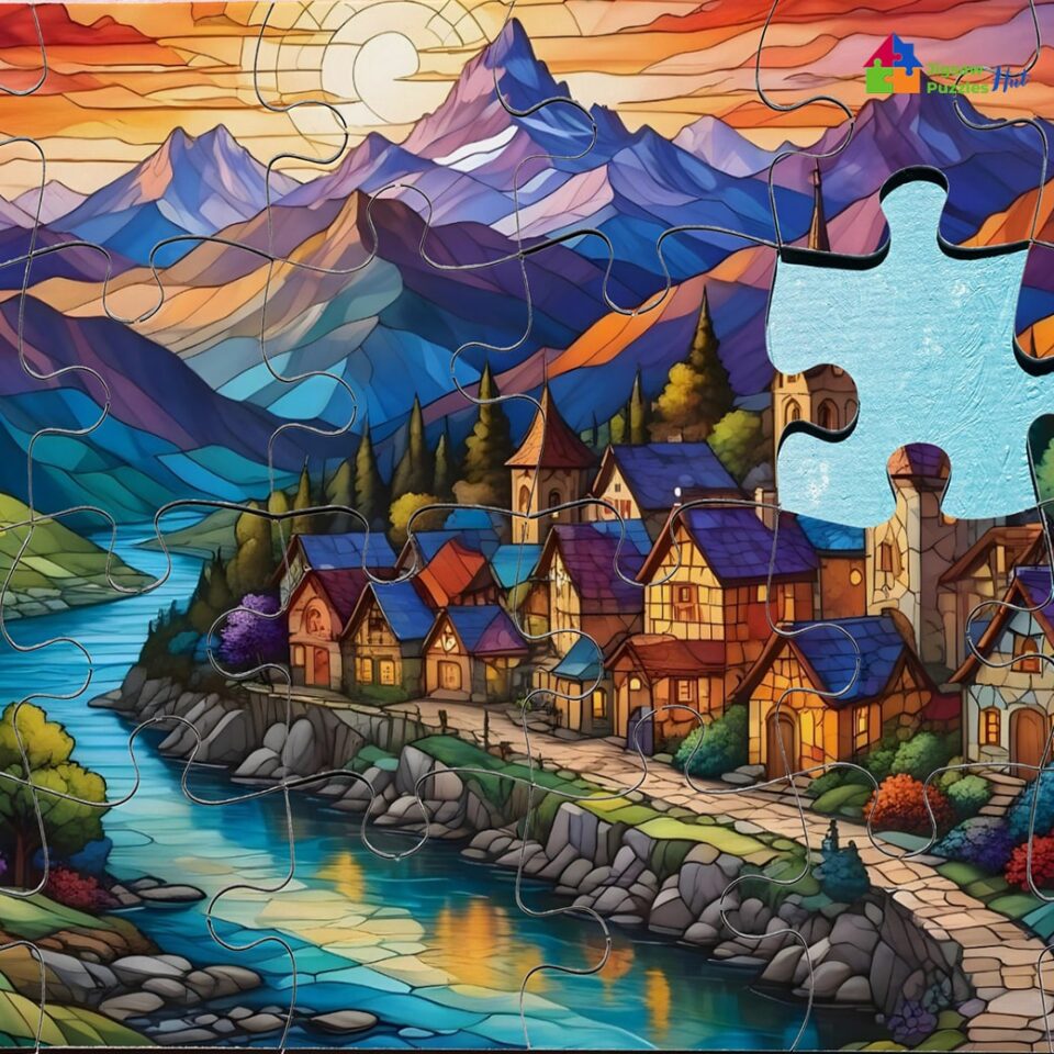 Village Along River Jigsaw Puzzle - Stained Glass Effect - 1000 Piece Jigsaw Puzzle For Adults